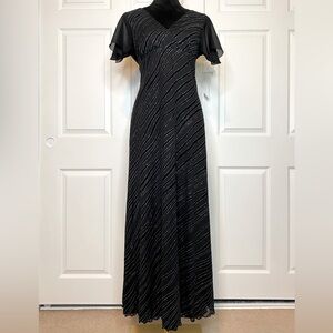 Vintage Black Velvet & Glitter Stripes Evening Gown Flutter Sleeve